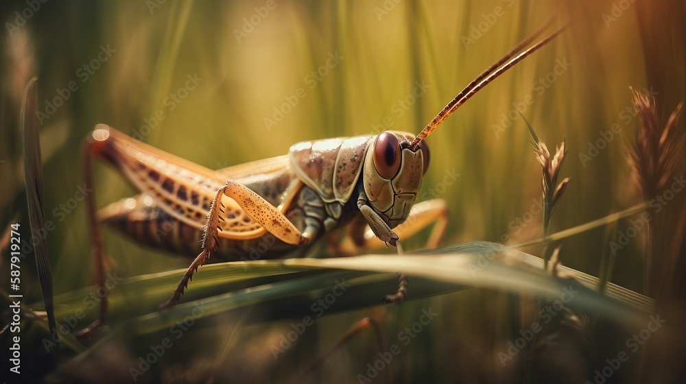 Poster a close up of a grasshopper on a leaf in a field of tall grass with sunlight shining on it's head an