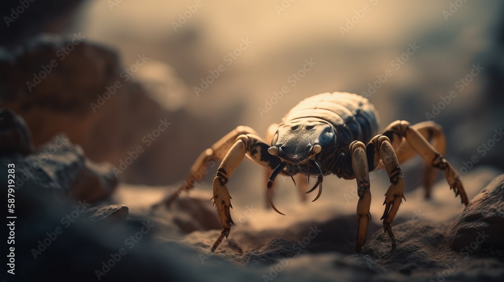 Poster a close up of a bug on a rock in the sun with a blurry background of rocks and dirt, with a blurry i