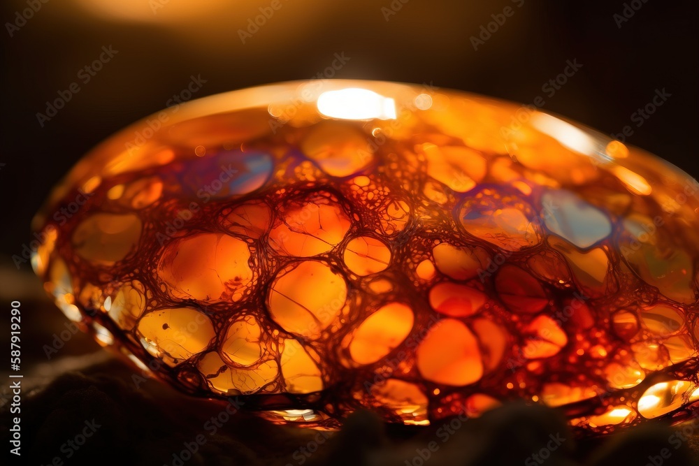 Poster a close up of a glass object on a surface with a blurry background of light coming from the top of t