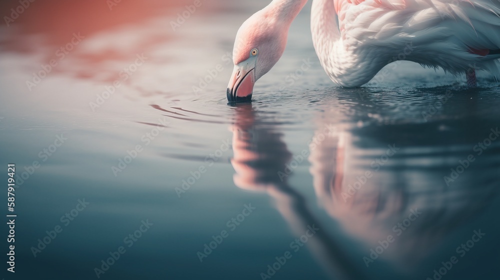 Poster a flamingo is drinking water from a lake with its reflection in the water and its reflection in the 