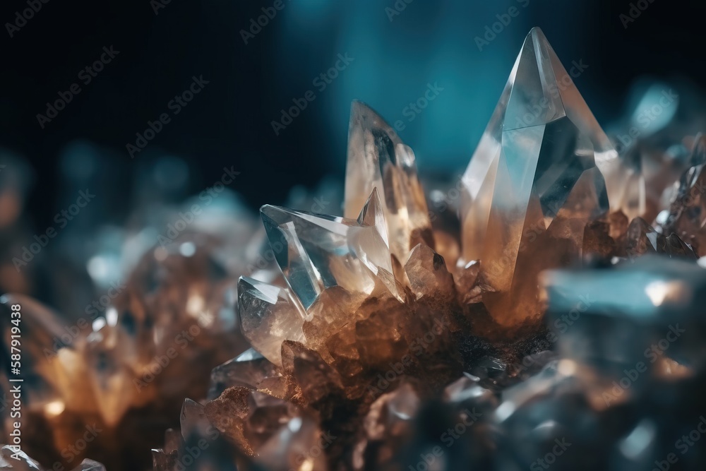 Poster a close up of a cluster of quartz crystals on a table, with a blurry background the crystals are arr