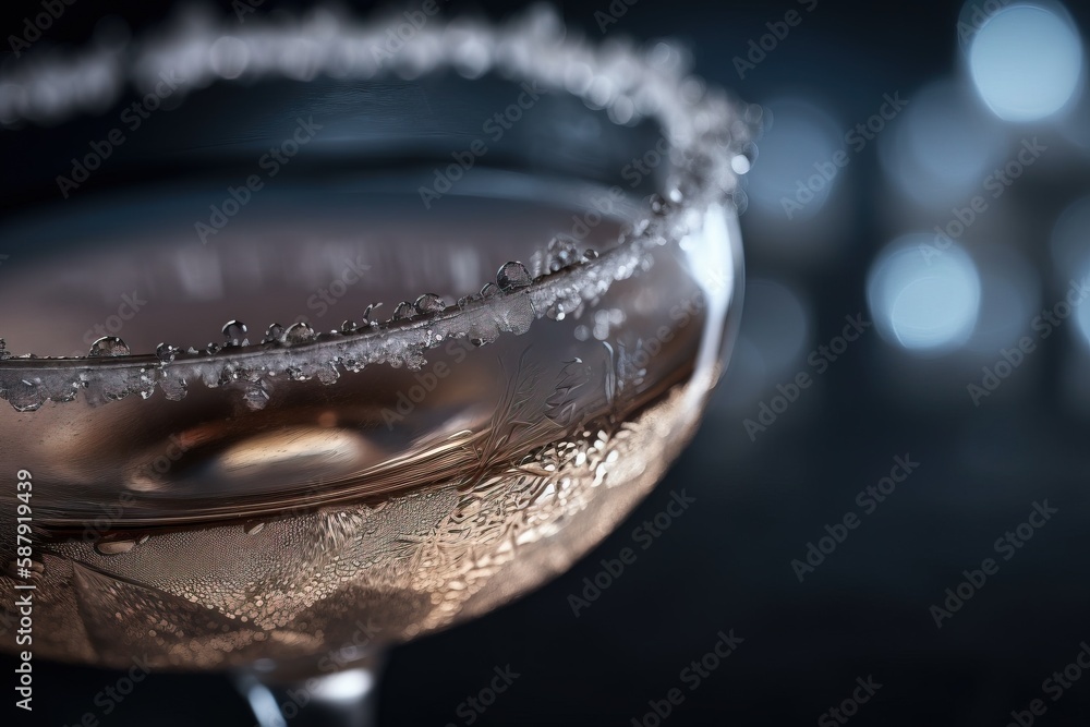 Poster a close up of a wine glass with a liquid inside of it on a black background with a blurry light behi