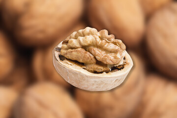 Walnuts background. Cracked open Walnuts. Healthy food ingredient texture. Single object isolated.