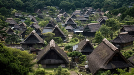 Fototapeta na wymiar Old houses in an abandoned village in Japan. Generative AI