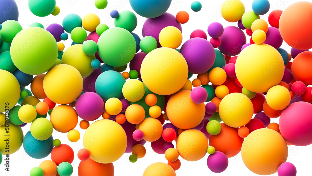 Poster abstract background with colorful random flying spheres. colorful rainbow matte soft balls in differ