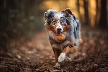 A playful and energetic Australian Shepherd fetching a ball showing off its high energy and playful nature. Generative AI