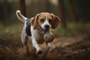 A playful and energetic Beagle chasing a ball, showing off its high energy and playful nature. Generative AI