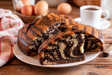Clasic Vanilla and Chocolate sponge cake. Homemade cake.