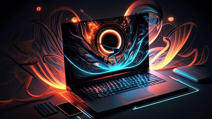 Laptop with abstract lines.
