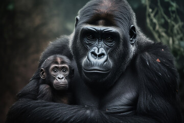 Gorilla hält Junges im Arm
