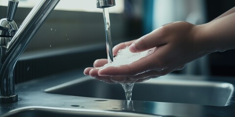 Washing hands with liquid soap under running water to protect against dangerous virus, concept of hygiene, created with Generative AI technology