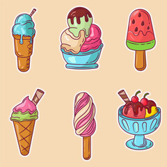 Set of Ice Cream Stiker, Vector Illustration 