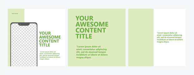 Carousel social media post vector template using pastel green color. Three pages microblog style post featured by image space with phone screen as a frame.
