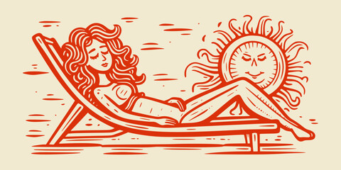 Girl lying on the beach lounger.  Woodcut engraving style hand drawn vector illustration. Optimized vector.