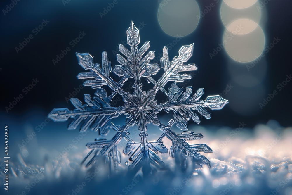 Poster a snowflake that is sitting in the snow on a tablecloth with a blurry background of lights and snow 