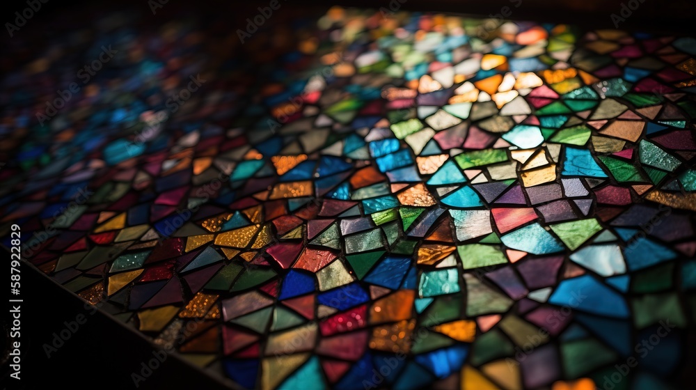 Poster a close up view of a colorful mosaic table top with a black background and a black background with a