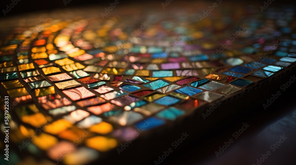Poster a close up of a table with a multicolored glass mosaic pattern on it's surface and a wooden table to