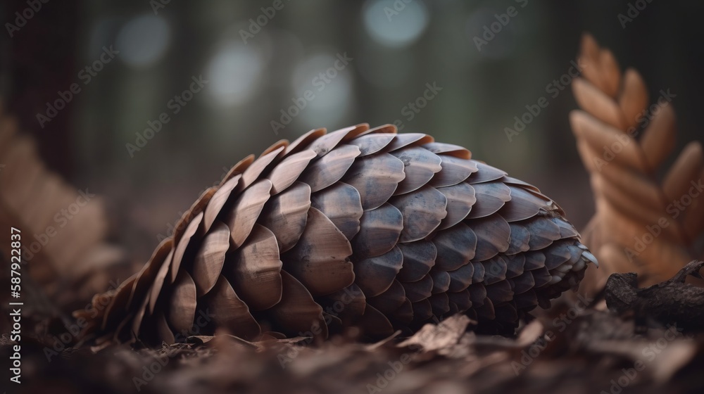 Poster a close up of a pine cone on the ground in the woods with leaves and a blurry background of trees an