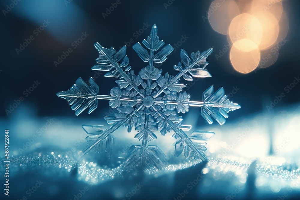 Poster a snowflake that is sitting in the snow with a blurry light in the back ground behind it and a boke 