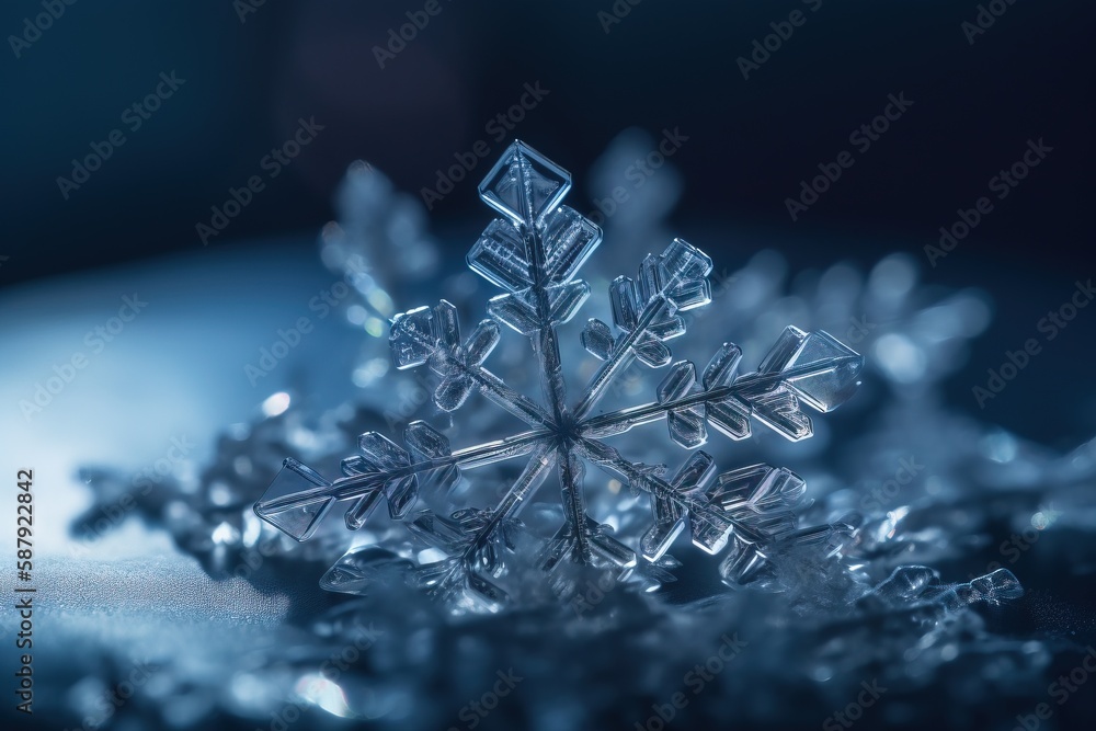Poster a close up of a snowflake on a blue background with a blurry background of snow flakes and snow flak