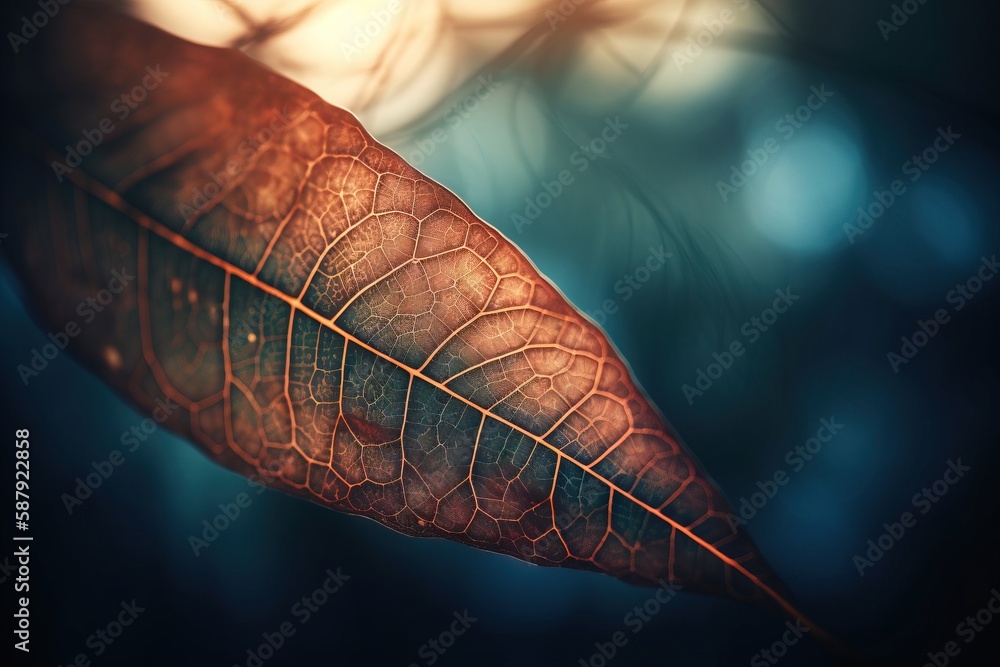 Poster a close up of a leaf on a tree branch with a blurry background of trees in the background and a blue