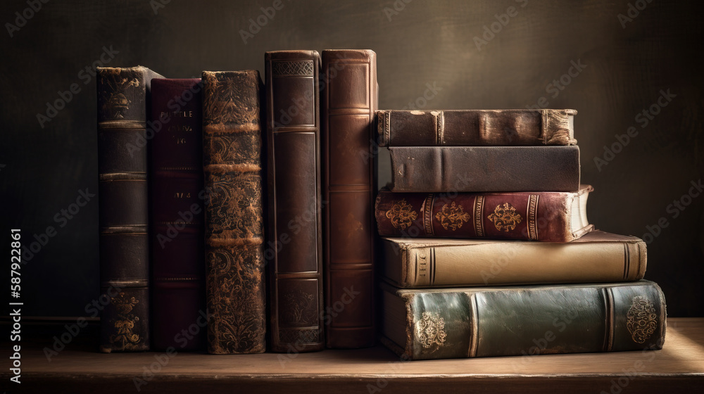 Poster a stack of books sitting on top of a wooden table next to a window sill with a curtain behind it and