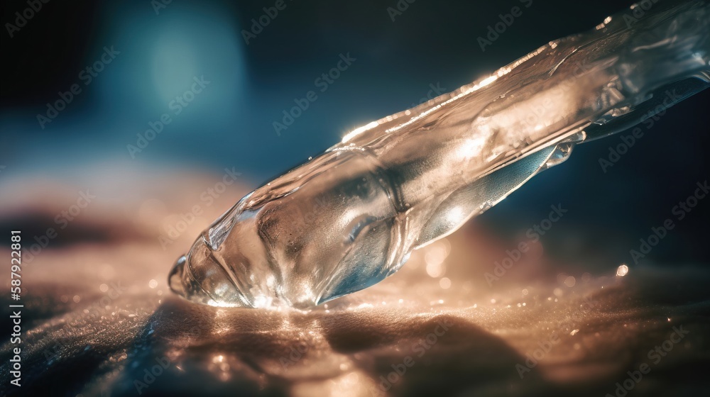 Poster a close up of a water bottle on a table top with a blurry background of water and light shining on t