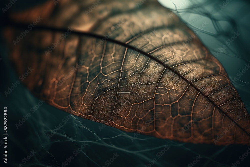 Poster a close up of a brown leaf on a blue background with a blurry image of the leaf's structure in the f