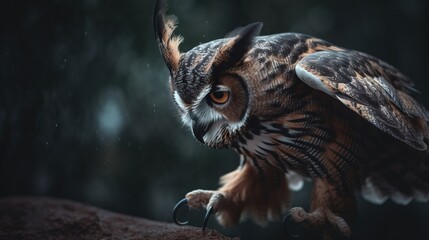  an owl is perched on a branch in the rain with its wings spread out and eyes wide open, with a blurred background of trees in the background.  generative ai - obrazy, fototapety, plakaty