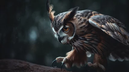 Fotobehang  an owl is perched on a branch in the rain with its wings spread out and eyes wide open, with a blurred background of trees in the background.  generative ai © Oleg