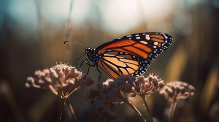 Fototapeta na wymiar a monarch butterfly sitting on a flower in a field of flowers with the sun shining through the leaves of the flowers in the foreground. generative ai