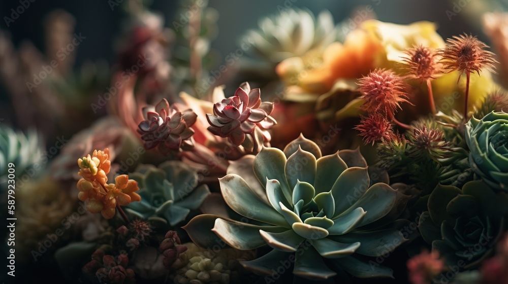 Poster a bunch of succulents that are in a pot on a table or table top, some of which are green and some re