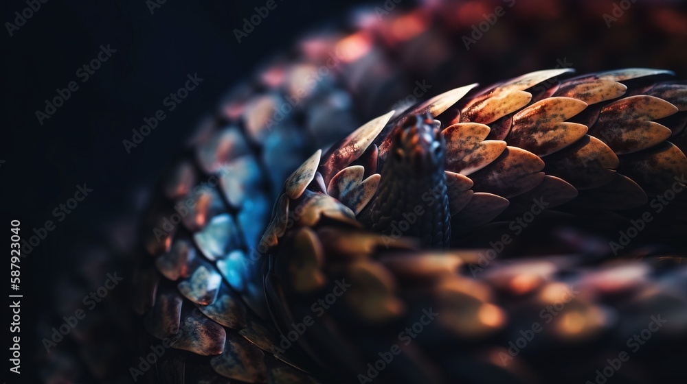 Poster a close up of a snake's head on a black background with a blurry effect to the image and the bottom 