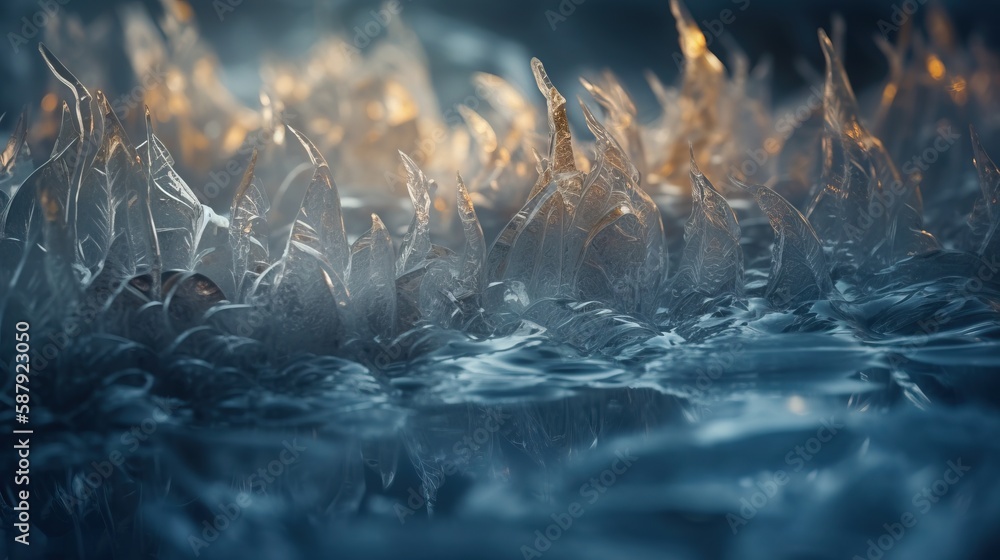 Poster a close up of water and grass with a blurry image of the grass in the foreground and the water in th