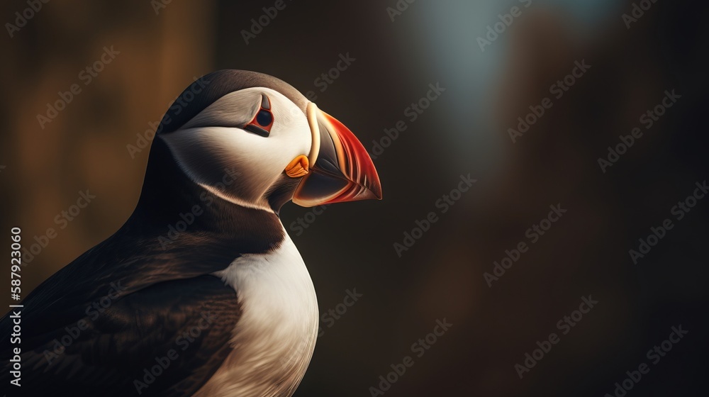 Poster a close up of a bird with a red beak and a black and white face with a red beak and a yellow beak an