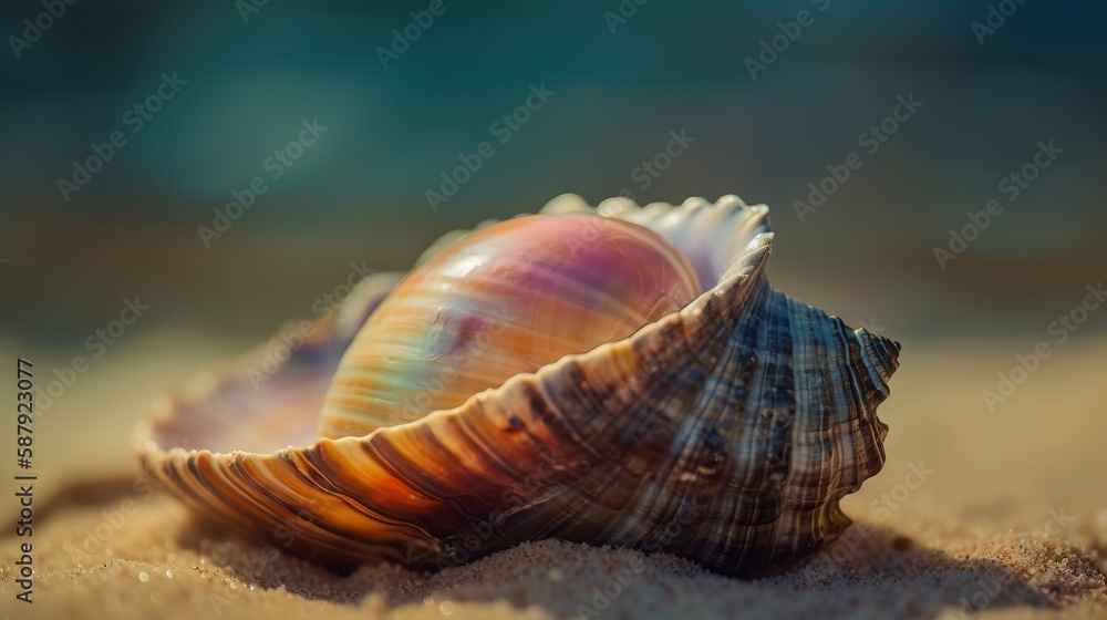 Aufkleber a close up of a shell on a sandy beach with water in the background and a blurry image of a sea shel