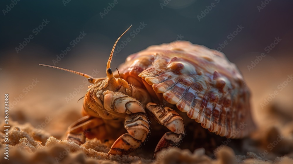 Poster a close up of a shell with a bug on it's back legs and a bug on its back end, with a blurry backgrou