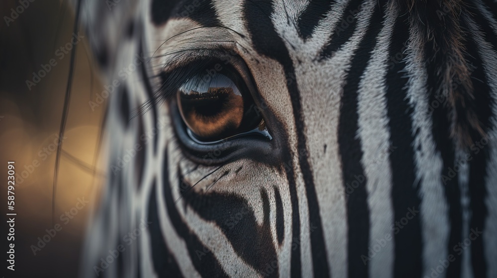 Poster a close up of a zebra's eye with a blurry background of the zebra's fur and stripes on its body and 
