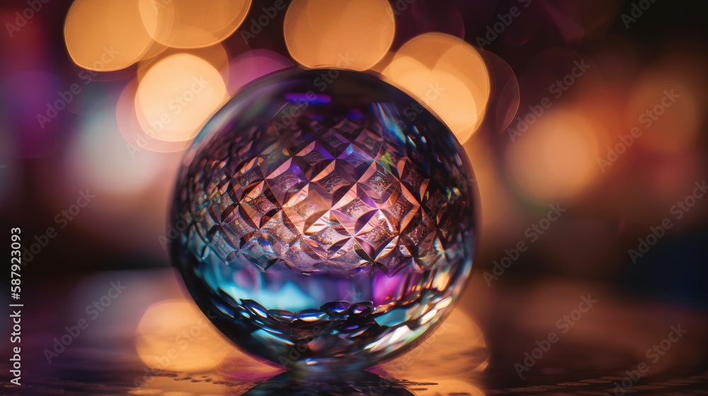 Poster a close up of a glass object on a table with a blurry background of lights in the background and a b