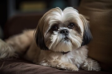Naklejka na ściany i meble A cute and cuddly Shih Tzu lounging on a couch - This Shih Tzu is lounging on a couch, showing off its cute and cuddly nature. Generative AI