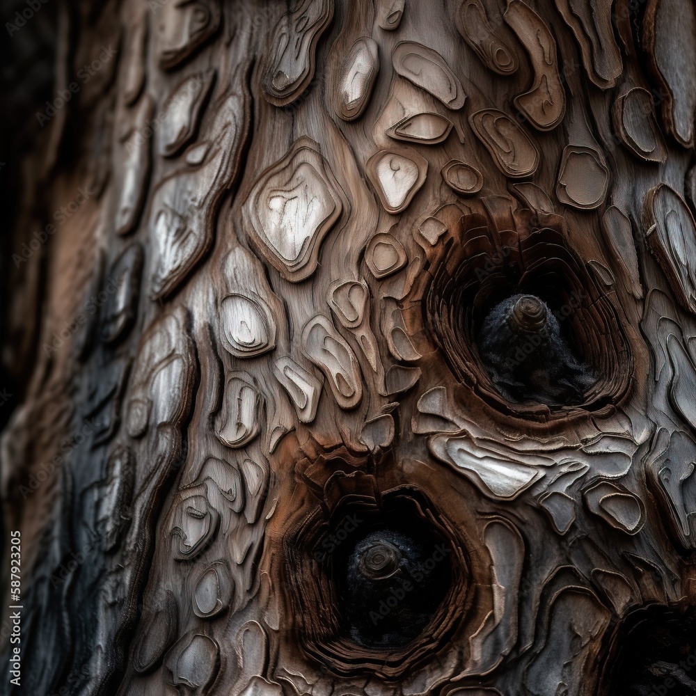 Poster a close up of a tree trunk with a lot of holes in it's bark and water droplets on the tree trunk and
