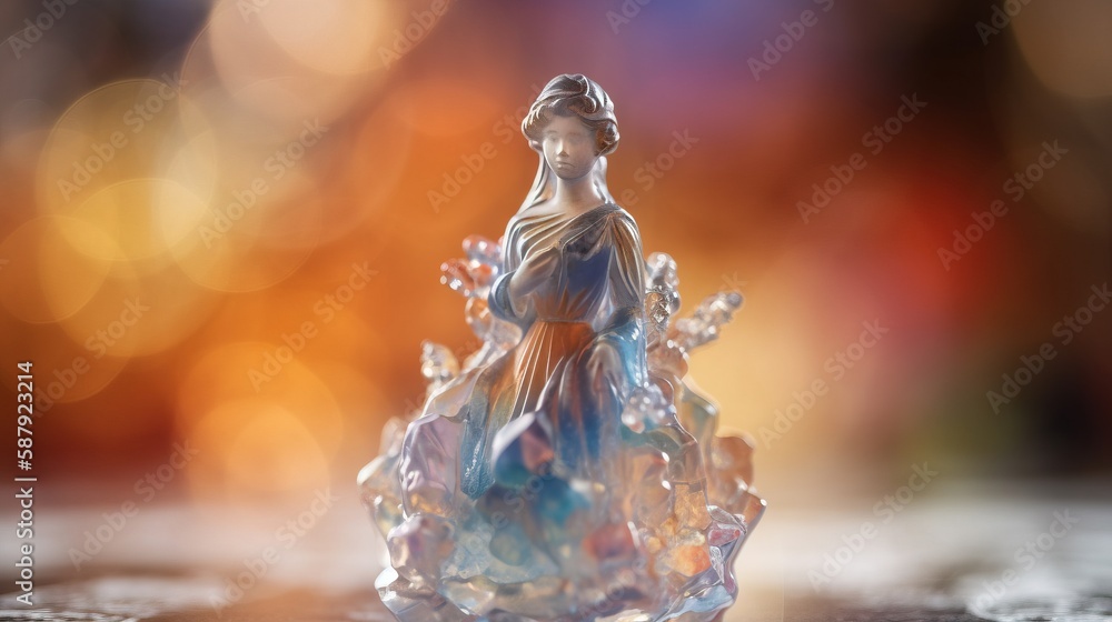 Poster a statue of a lady that is sitting on a table with a blurry background of lights in the background a
