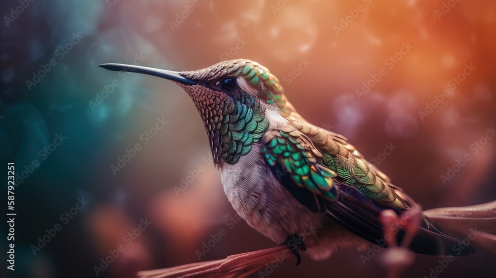 Poster a hummingbird perched on a branch with a blurry background of leaves and branches in the foreground,