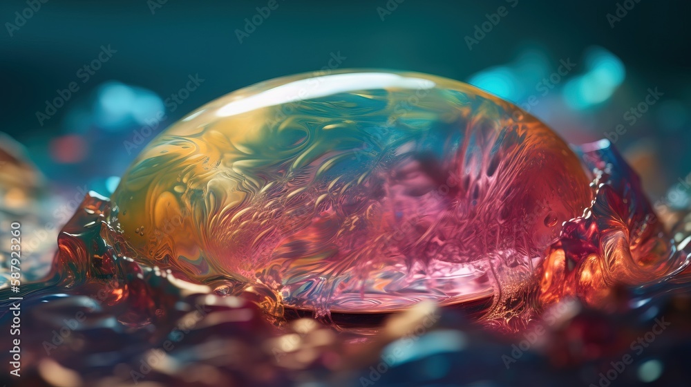 Poster a close up of a colorful object on a surface of water with bubbles and bubbles around it, with a blu