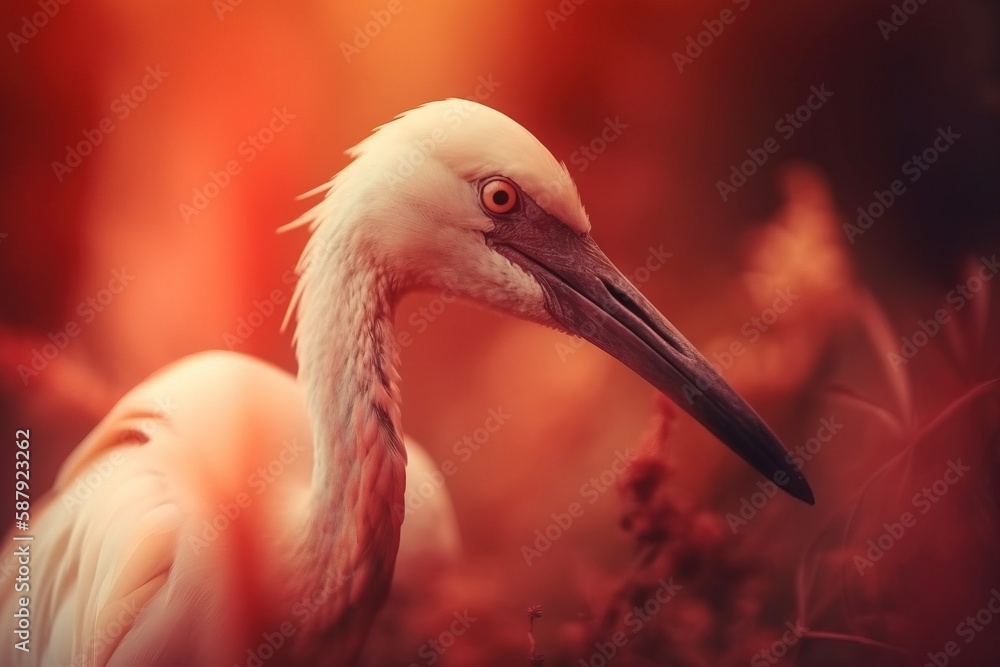 Poster a close up of a bird with a long neck and a long bill with a red background and a blurry background 