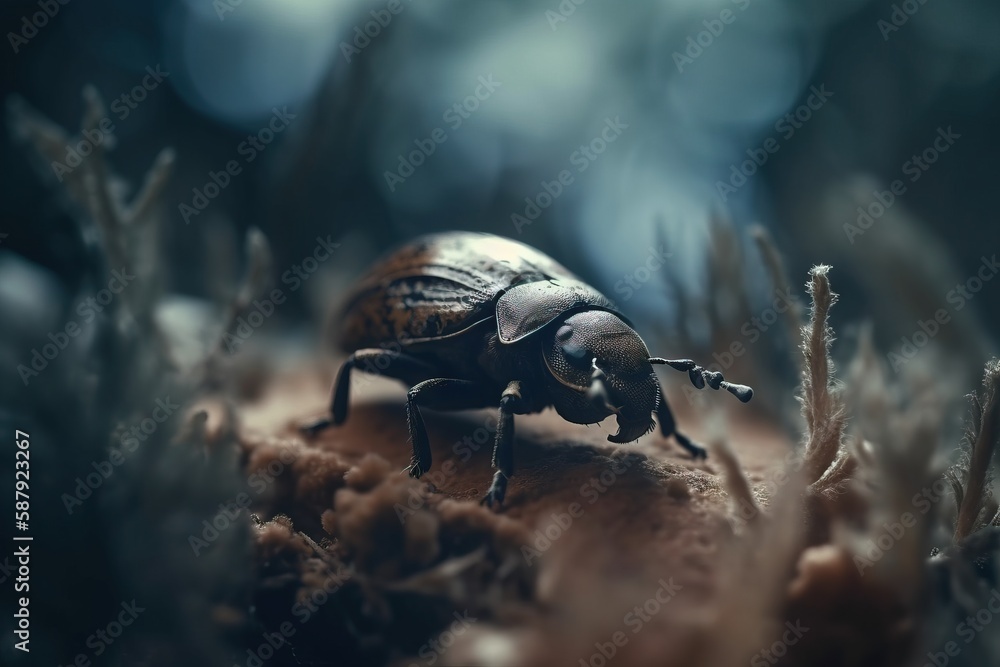 Poster a close up of a bug on a rock in the grass with a blurry background of grass and bushes in the foreg