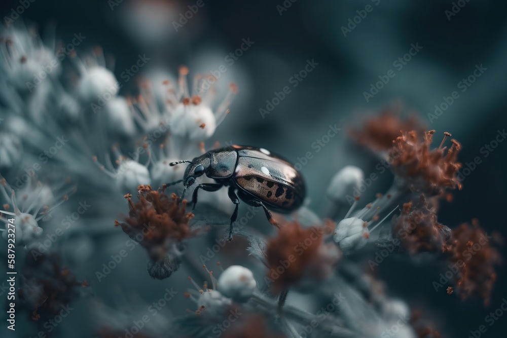 Poster a bug that is sitting on a flower with it's eyes closed and it's head turned to the side of the pict