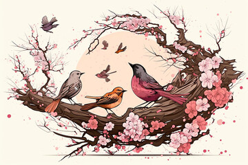 Illustration of a mountain dawn landscape with cherry blossoms and birds, a celebration of spring. Oriental background, digital art. Generative AI.