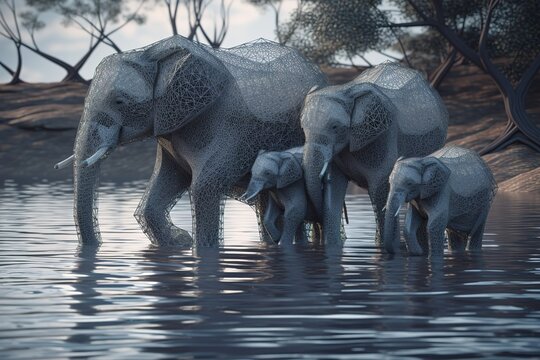 A family of elephants crossing a river Generative AI