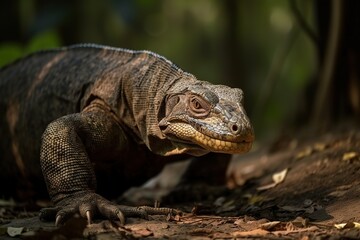 Obraz premium A fierce and determined Komodo Dragon hunting its prey - This Komodo Dragon is hunting its prey, showing off its fierce and determined nature. Generative AI